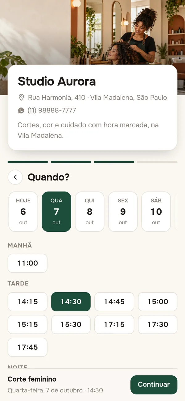 Cliente escolhendo dia e horário livre
