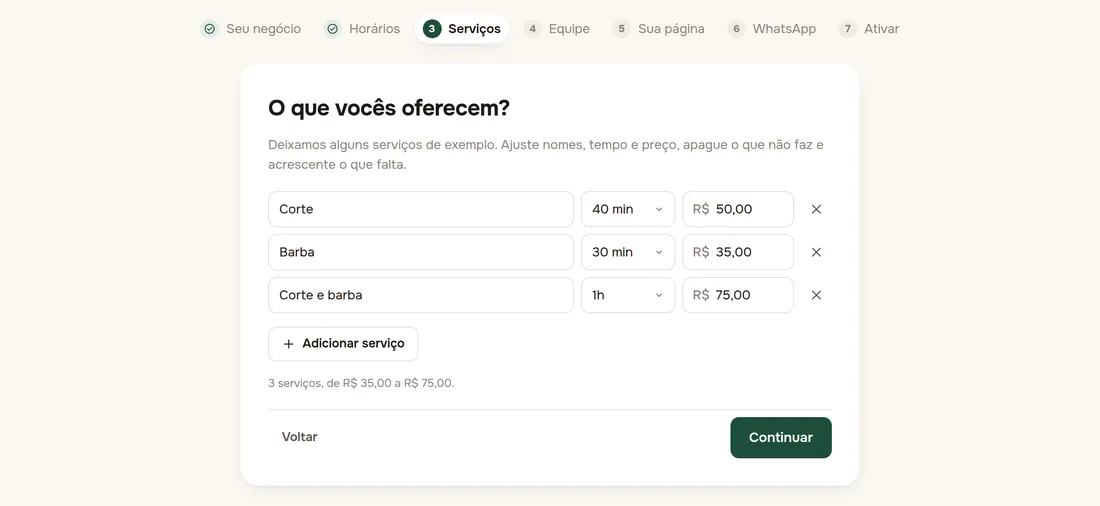 Passo a passo do Fio com os serviços, a duração e o preço de cada um
